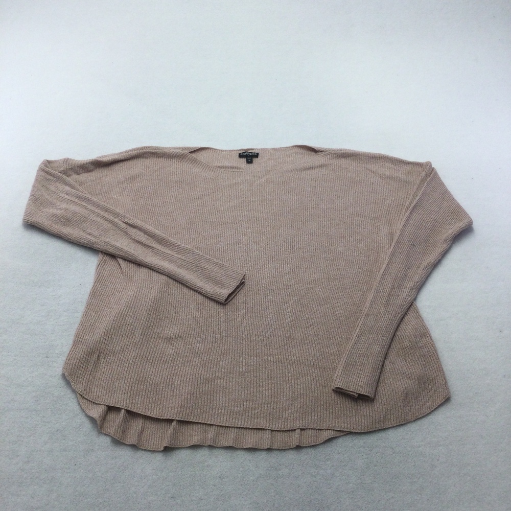 Express Sweater Womens Large Beige Ribbed High Low Hem Crew Neck Pullover Knit